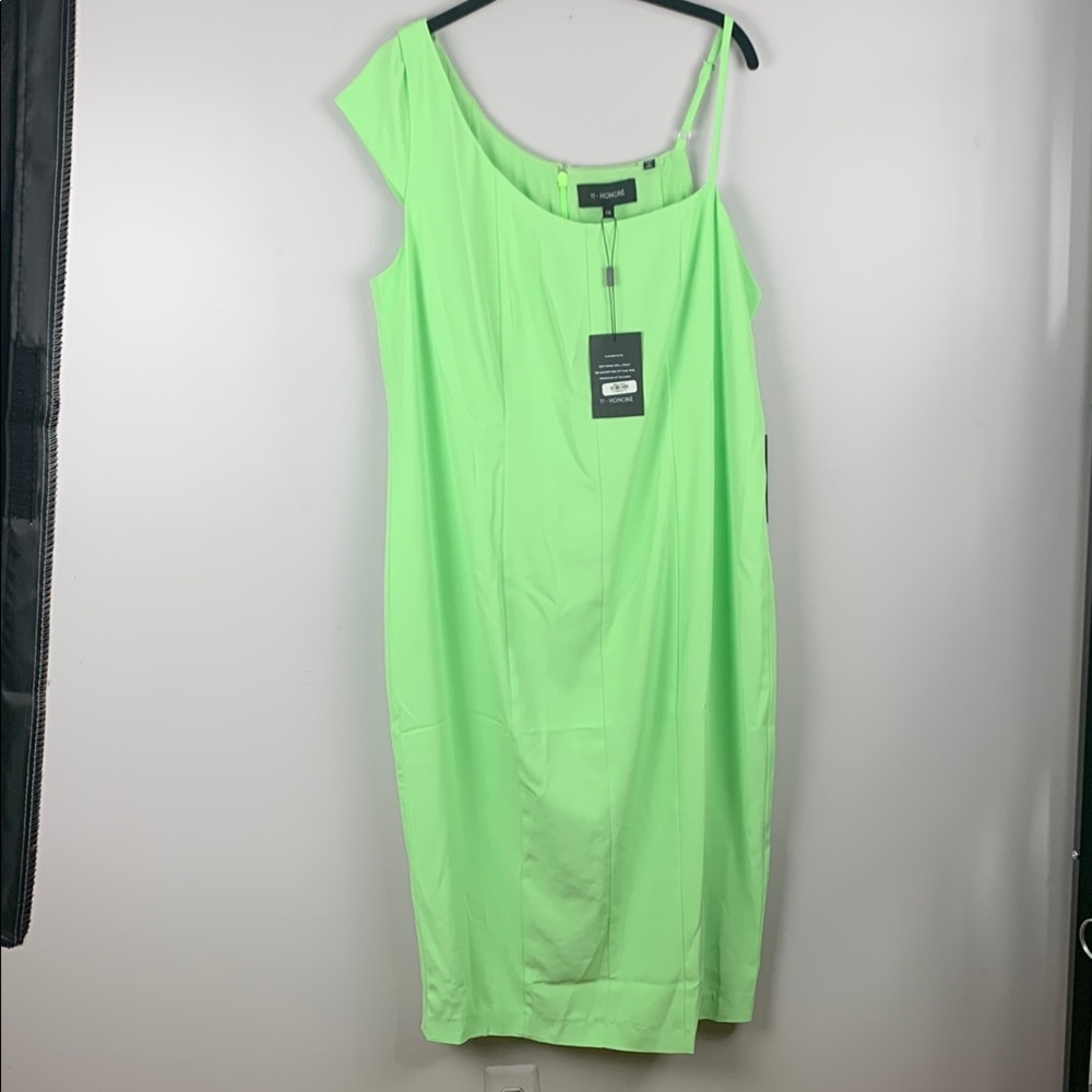 11 Honore lime Green One Shoulder lined Sheath Dress size 16